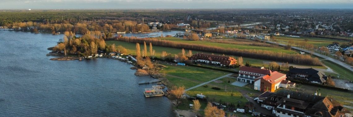 An aerial view of a river and a town
